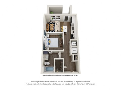 Floor plan for 1 bed, 1 bath, 558 sqft